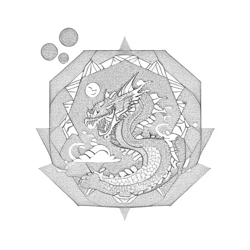 A half of a diamond rectangle background with a dragon emerging from it, surrounded by a sakura tree and the Japanese imperial palace, with the moon above tattoo design idea