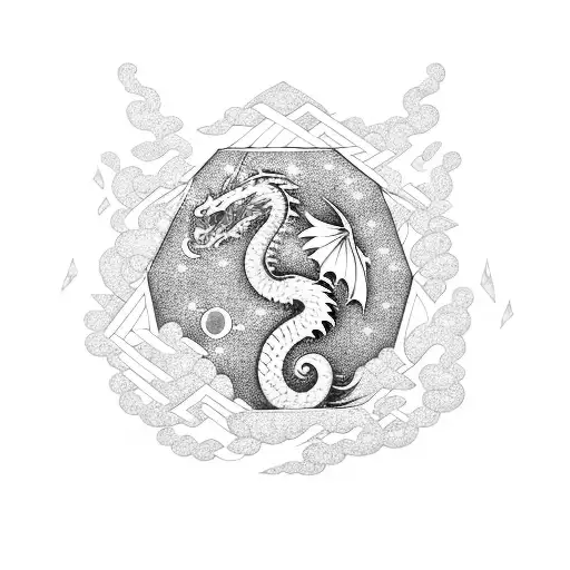 A half of a diamond rectangle background with a dragon emerging from it, surrounded by a sakura tree and the Japanese imperial palace, with the moon above tattoo design idea