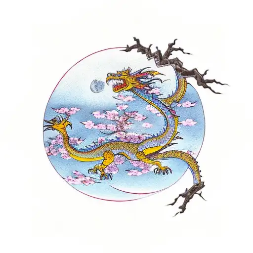 A dragon wrapped around a sakura tree with the Japanese imperial palace in the background and the moon above tattoo design idea