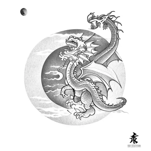 A dragon wrapped around a sakura tree with the Japanese imperial palace in the background and the moon above tattoo design idea