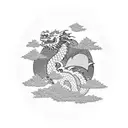 A dragon wrapped around a sakura tree with the Japanese imperial palace in the background and the moon above tattoo design idea