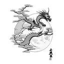 A dragon wrapped around a sakura tree with the Japanese imperial palace in the background and the moon above tattoo design idea