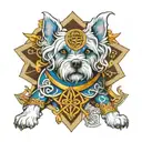 Maltese dog With Blue Eyes On Armor Tattoo Design Featuring Celtic Trinity Knot Tattoo Idea tattoo design idea