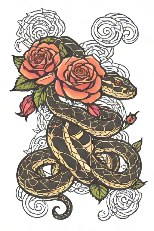 snake with roses intertwined tattoo design idea
