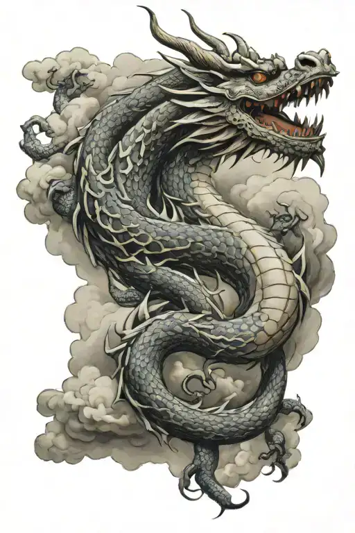 Asian scary dragon with japanese clouds around it  tattoo design idea