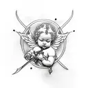 small simple traditional style tattoo of a cherub with a sword and a halo in black and white tattoo design idea