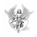 small simple traditional style tattoo of a cherub with a sword and a halo in black and white tattoo design idea