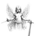 small simple traditional style tattoo of a cherub with a sword and a halo in black and white tattoo design idea