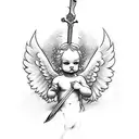 small simple traditional style tattoo of a cherub with a sword and a halo in black and white tattoo design idea