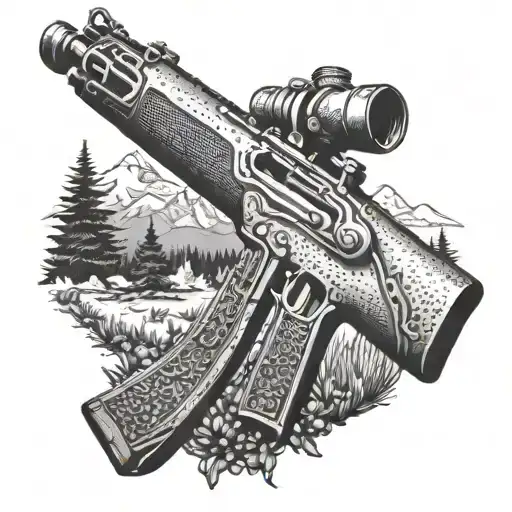 A dotwork design of a vintage rifle hanging on a cabin wall in a mountain landscape tattoo design idea