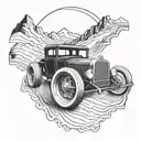 A detailed blackwork tattoo of a vintage hot rod speeding through a mountain landscape tattoo design idea