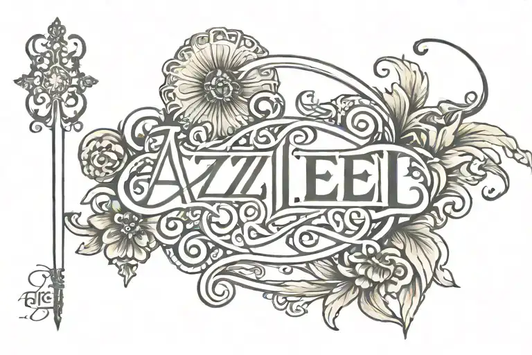 The name "Aziel" in elegant calligraphy, with the phrase "God is my strength" in a smaller, complementary font underneat tattoo design idea