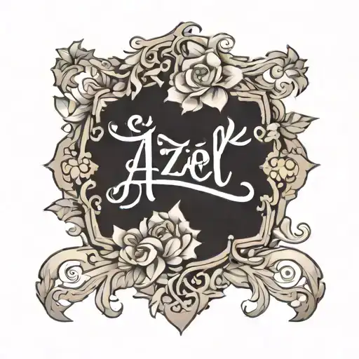 The name "Aziel" in elegant calligraphy, with the phrase "God is my strength" in a smaller, complementary font underneat tattoo design idea