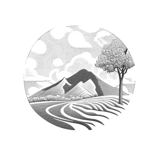 A scenic landscape tattoo featuring the rolling hills of Iowa, with a football field and the client's favorite beer bottle integrated into the design tattoo design idea