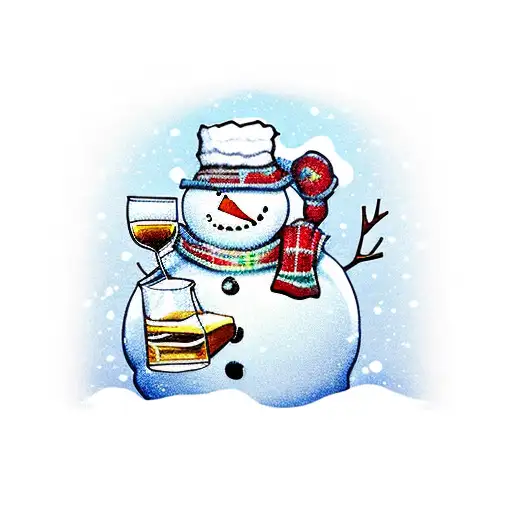 A skiing snowman enjoying a glass of whiskey tattoo design idea