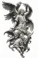 arc angel michael sleeve black and white killing satan 3 heads realistic sleeve tattoo design idea