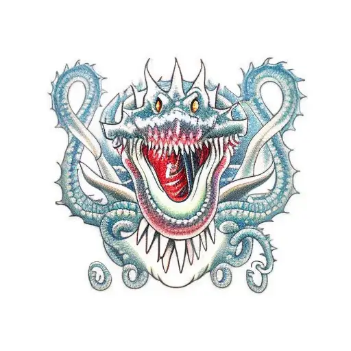 a sea monster, a mix between a serpent and a dragon, open mouth, fangs and  forked tongue tattoo design idea