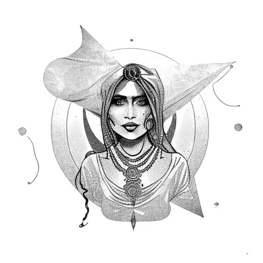 a gypsy woman, tarot fortune teller, with a headscarf, long hair, holding a crystal ball in her hands tattoo design idea