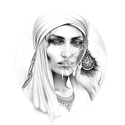 a gypsy woman, tarot fortune teller, with a headscarf, long hair, holding a crystal ball in her hands tattoo design idea