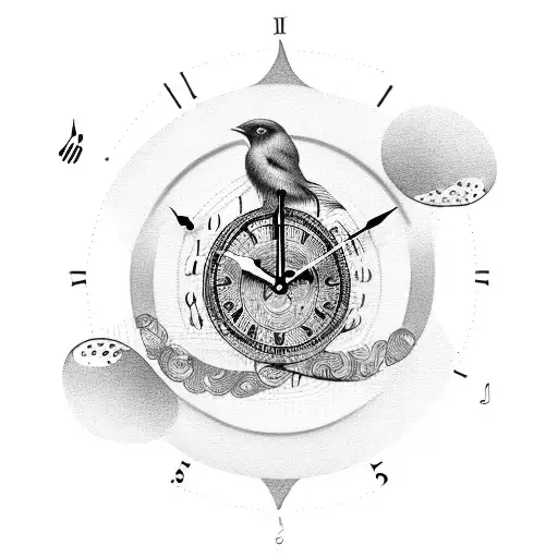 music notes clock bird sleeve tattoo design idea