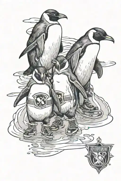 A family of penguins wearing hockey jerseys, skating on an icy rink together, representing your love for family, hockey, and penguins tattoo design idea