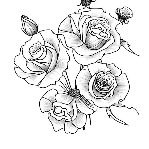 a flower bouquet with two roses, one morning glory, one poppy flower, one carnation, and one daisy  tattoo design idea