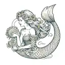 a mermaid on one shoulder, with a scroll on her tail, containing 3 people's names tattoo design idea