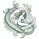 a mermaid on one shoulder, with a scroll on her tail, containing 3 people's names tattoo design idea
