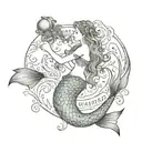 a mermaid on one shoulder, with a scroll on her tail, containing 3 people's names tattoo design idea