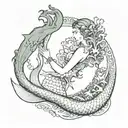 a mermaid on one shoulder, with a scroll on her tail, containing 3 people's names tattoo design idea