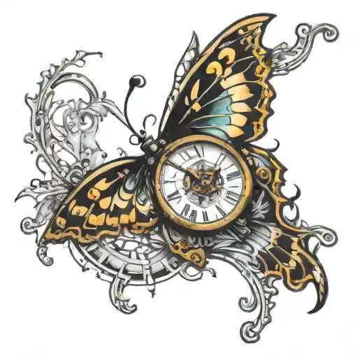 The clock is broken 3d butterfly sitting tattoo design idea