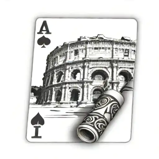 A realistic blackwork tattoo of the Colosseum in Rome with a poker hand of royal flush cards intertwined in the architecture tattoo design idea