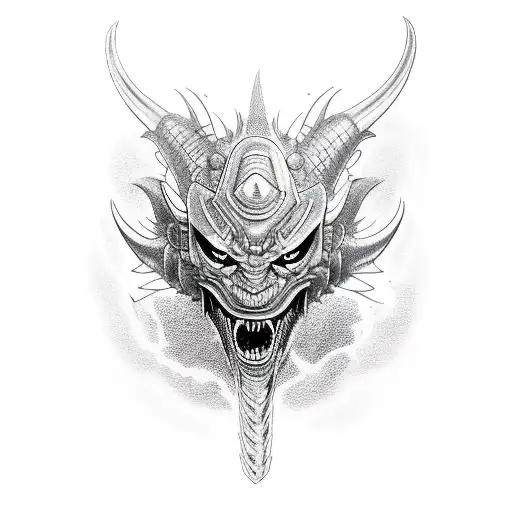 Oni Mask, Dragon, cyberpunk tattoo design idea