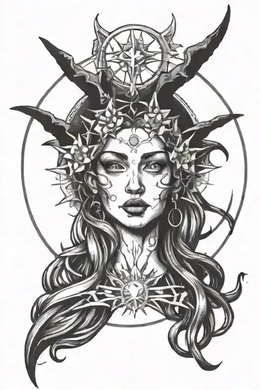 gemini symble w sun, moon, angel halo, devil horns tattoo design idea