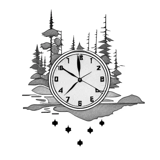 Blackwork "Adirondack Mountains With Clock And..." Tattoo Idea - BlackInk