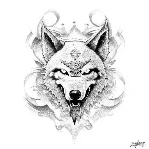 lobo con corazon y rebro tattoo design idea