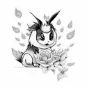 Eevee with flowers in background black and white  tattoo design idea