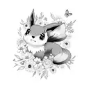 Eevee with flowers in background black and white  tattoo design idea