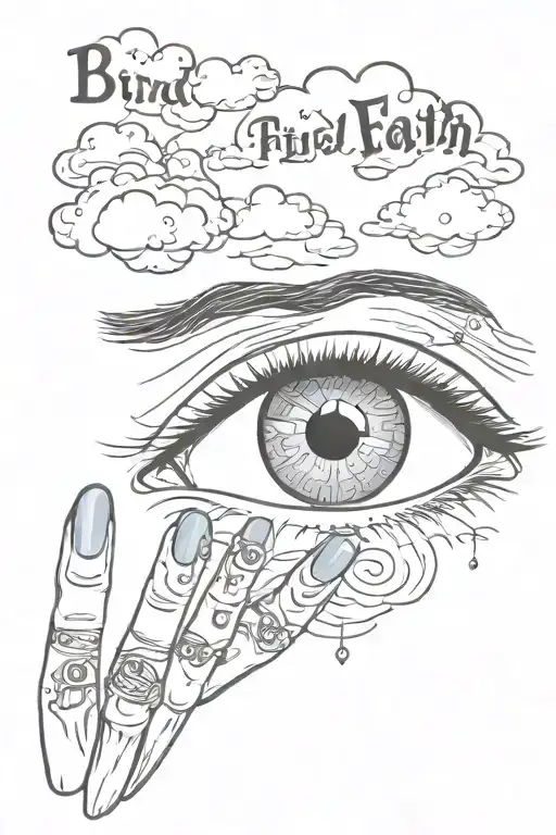 nail pierced eye with clouds and text blind faith tattoo design idea