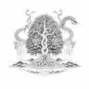 Yggdrasil the tree with a serpent going around the tree tattoo design idea