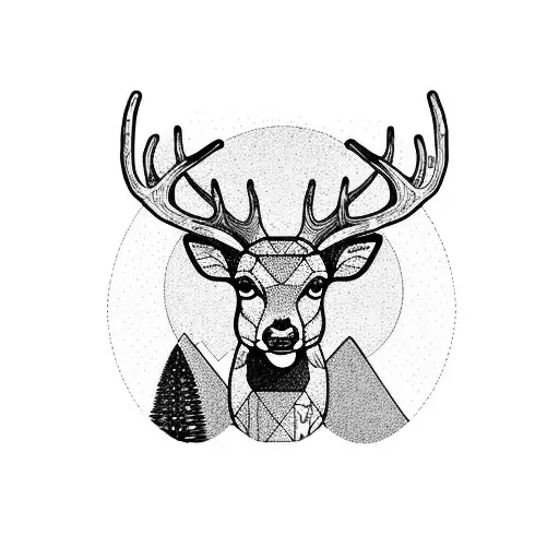Deer in a square, mountains in a square, and pine trees in a square tattoo design idea