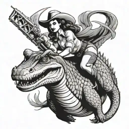 pinup cowgirl riding alligator tattoo design idea