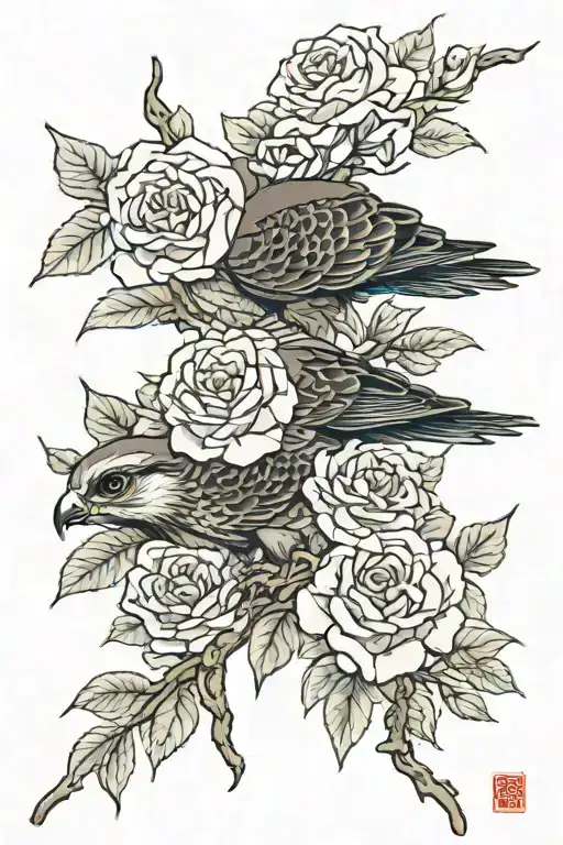 japanese falcon roses intertwined tattoo design idea