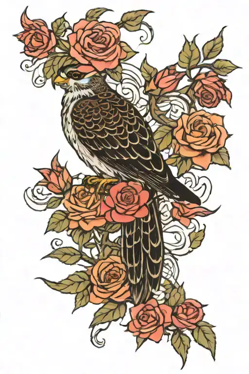 japanese falcon roses intertwined tattoo design idea