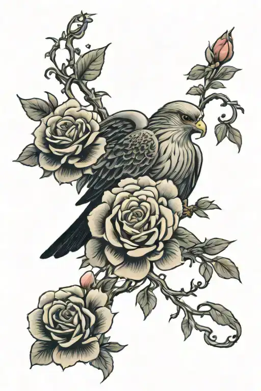 japanese falcon roses intertwined tattoo design idea