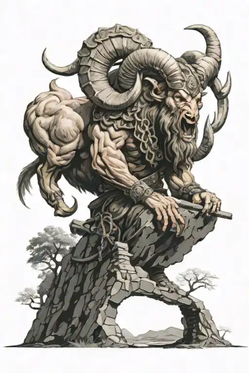 EVIL VALHALLA, OPEN GATES AND LARGE WALLS FROM THE INSIDE, LOOKING DOWN FROM A HILL, A RAM HEADED EVIL VIKING ON HILL tattoo design idea