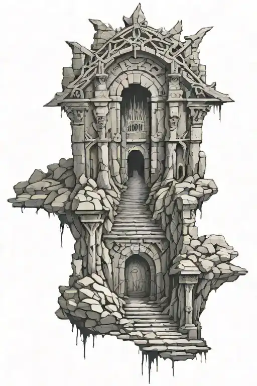VALHALLA, LOOKING DOWN FROM A HILL AT OPEN BROKEN GATES AND LARGE EVIL WALLS FROM THE INSIDE,  tattoo design idea