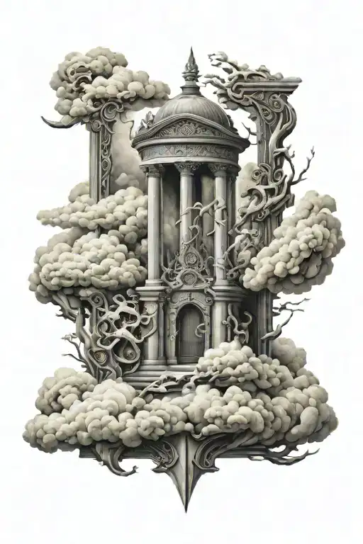 THE OPEN GATES OF VALHALLA SURROUNDED BY CLOUDS TATTOO SLEEVE tattoo design idea