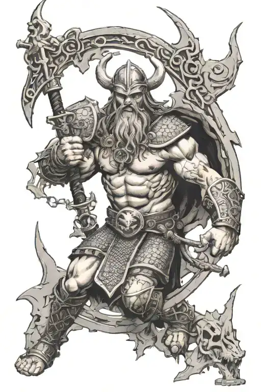VALHALLA, STOOD AT THE OPEN BROKEN GATES AND LARGE EVIL WALLS FROM THE INSIDE, EVIL DEMON VIKING RUNNING AT THE GATES tattoo design idea