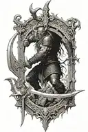 VALHALLA, STOOD AT THE OPEN BROKEN GATES AND LARGE EVIL WALLS FROM THE INSIDE, EVIL VIKING DEMONS ATTACTING FROM OUTSIDE tattoo design idea